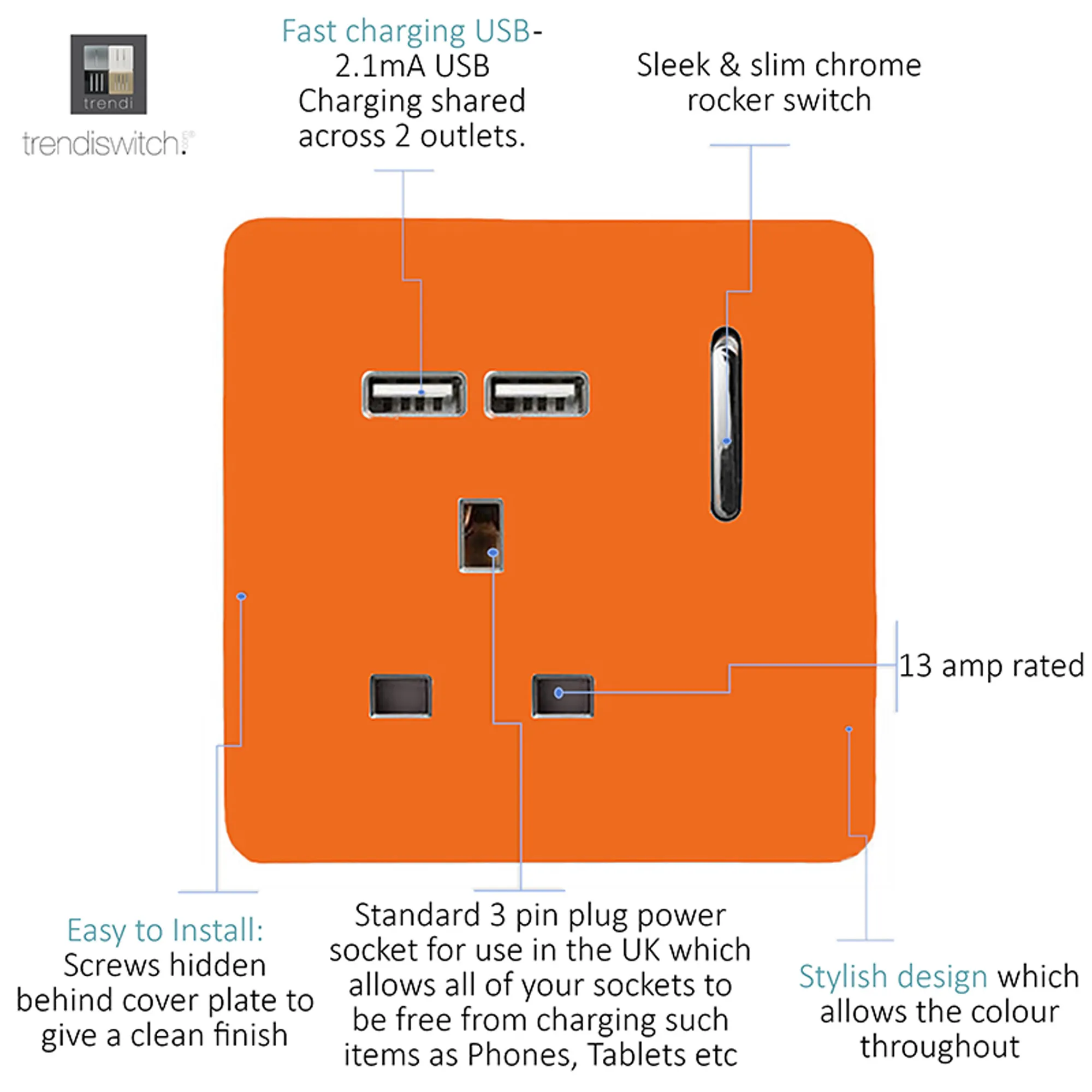 1 Gang 13Amp Switched Single Socket With 2 x USB Orange ART-SKT13USBOR  Trendi Orange